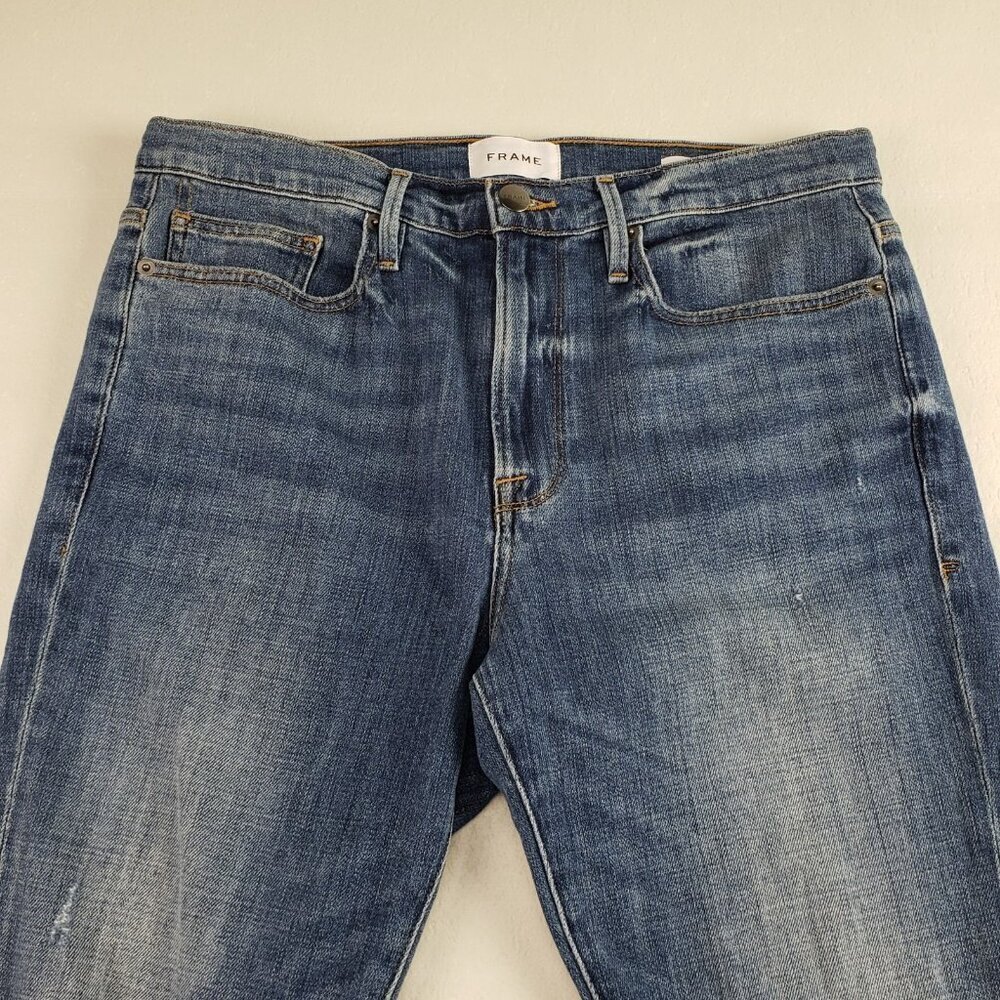 Frame Le Beau Straight Jean Womens 28 Blue Medium Wash Distress Ankle High Rise - Picture 2 of 11